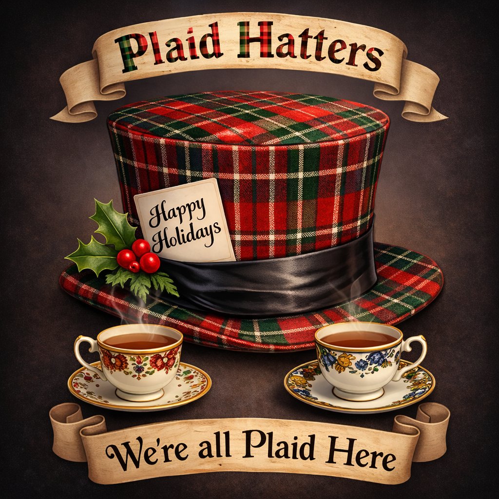 Plaid Hatters tartan top hat with holiday greenery, ornaments, and string lights, framed by the ribbon banners 'Plaid Hatters' and 'We're all Plaid Here'.